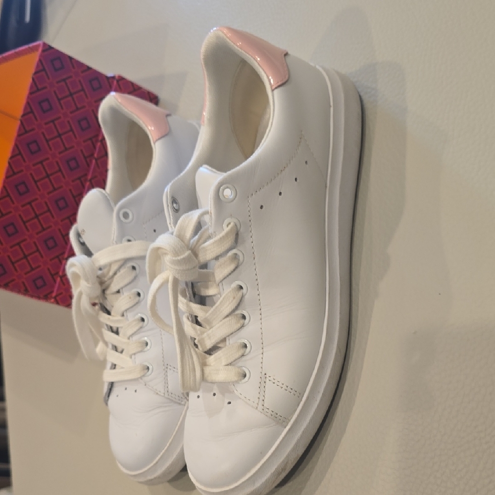 Tory Burch White Leather Sneakers with Pale Pink Heel With Box And Dust Bag
